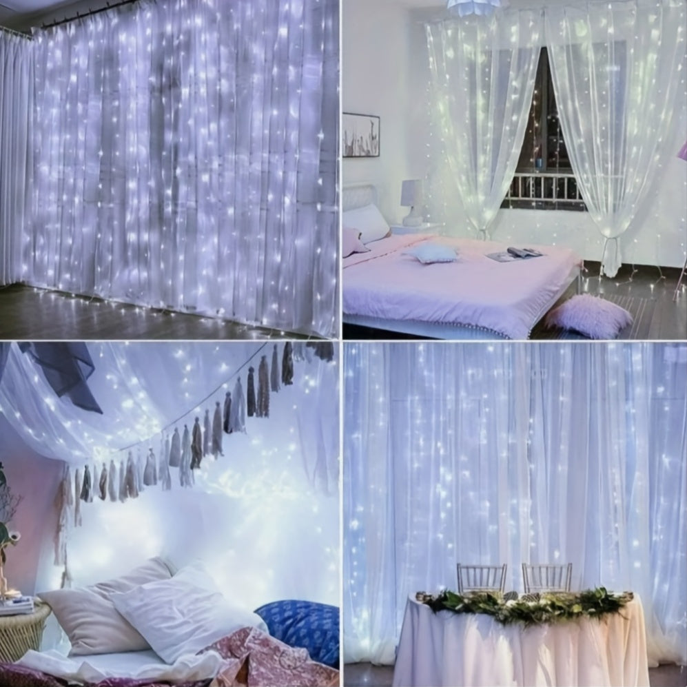Outdoor/Indoor Curtain Light Fairy String Lights with 8 Lighting Modes, Connectable String Lights with Warm & Cool Tones, Plug-in-Free Operation, Durable Plastic Construction for Wedding, Christmas, Garden, Patio, Balcony