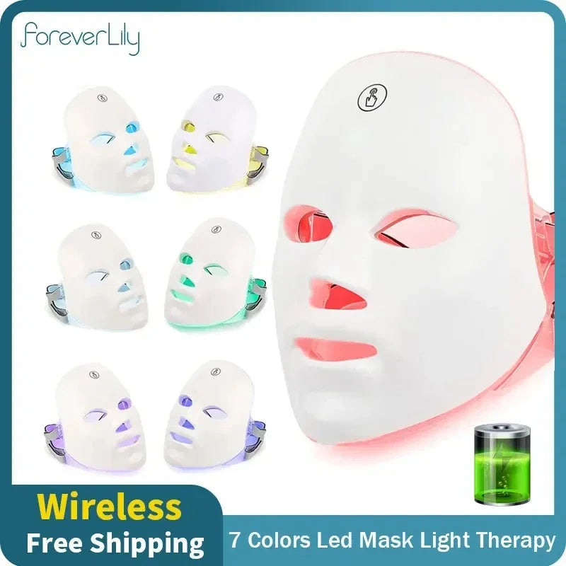 Wireless LED Face Mask Red Light Photon Therapy Anti-Aging Anti Wrinkle Acne Removal 7 Color Facial Mask Skin Care Beauty Device