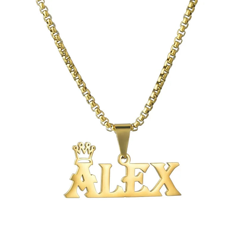 Royal Elegance: Custom Stainless Steel Name Necklace with Crown Pendant & Thick Chain