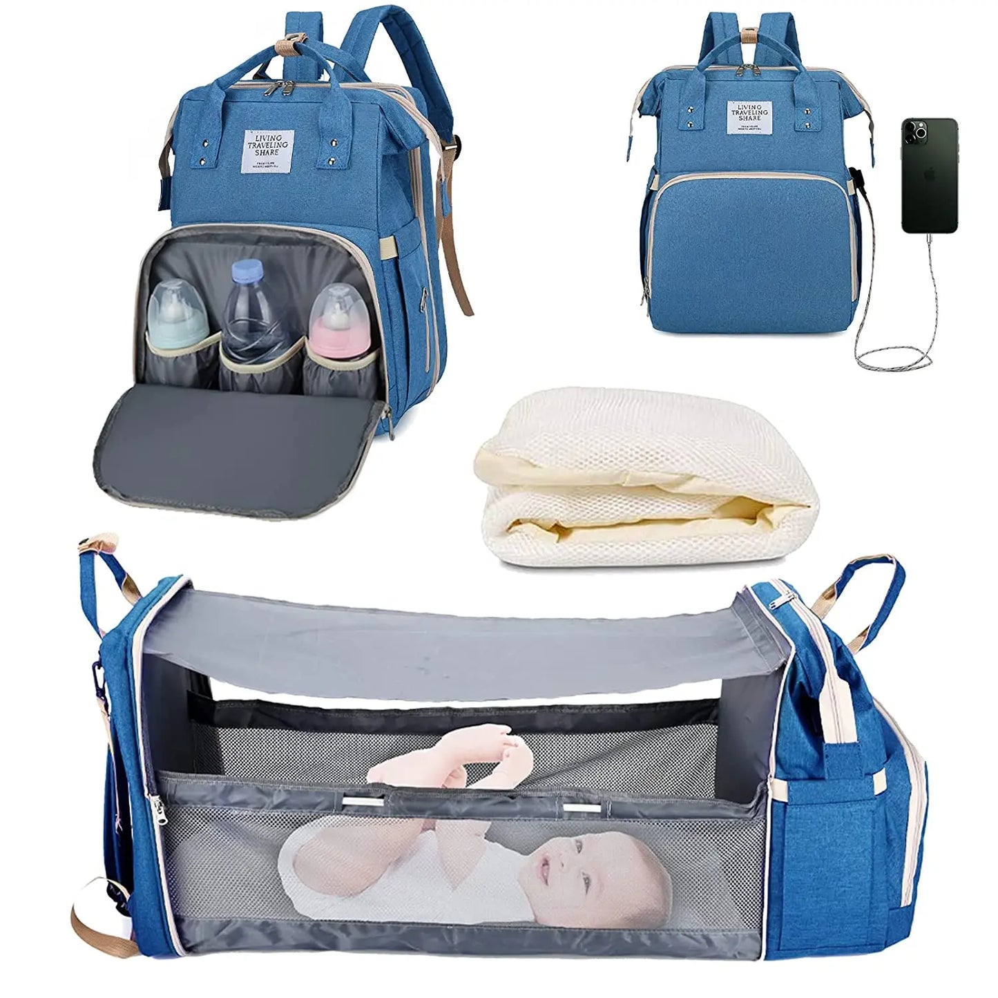 3-in-1 Diaper Bag Backpack – Waterproof Baby Travel Bag with Foldable Baby Bed & USB Charging