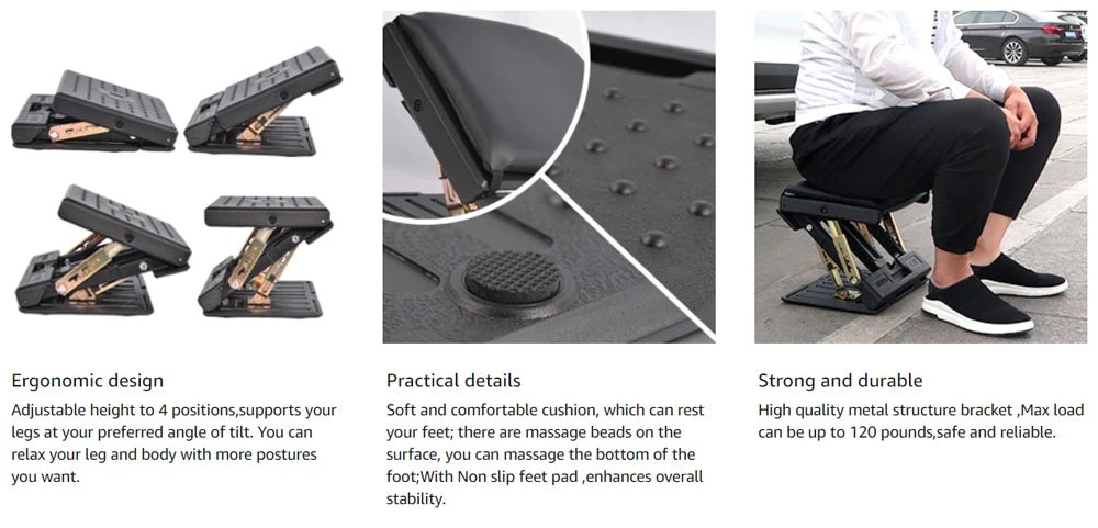 Adjustable Footrest With Removable Soft Foot Rest Pad Max-Load 120Lbs With Massaging Beads For Car Home 4-Level Height
