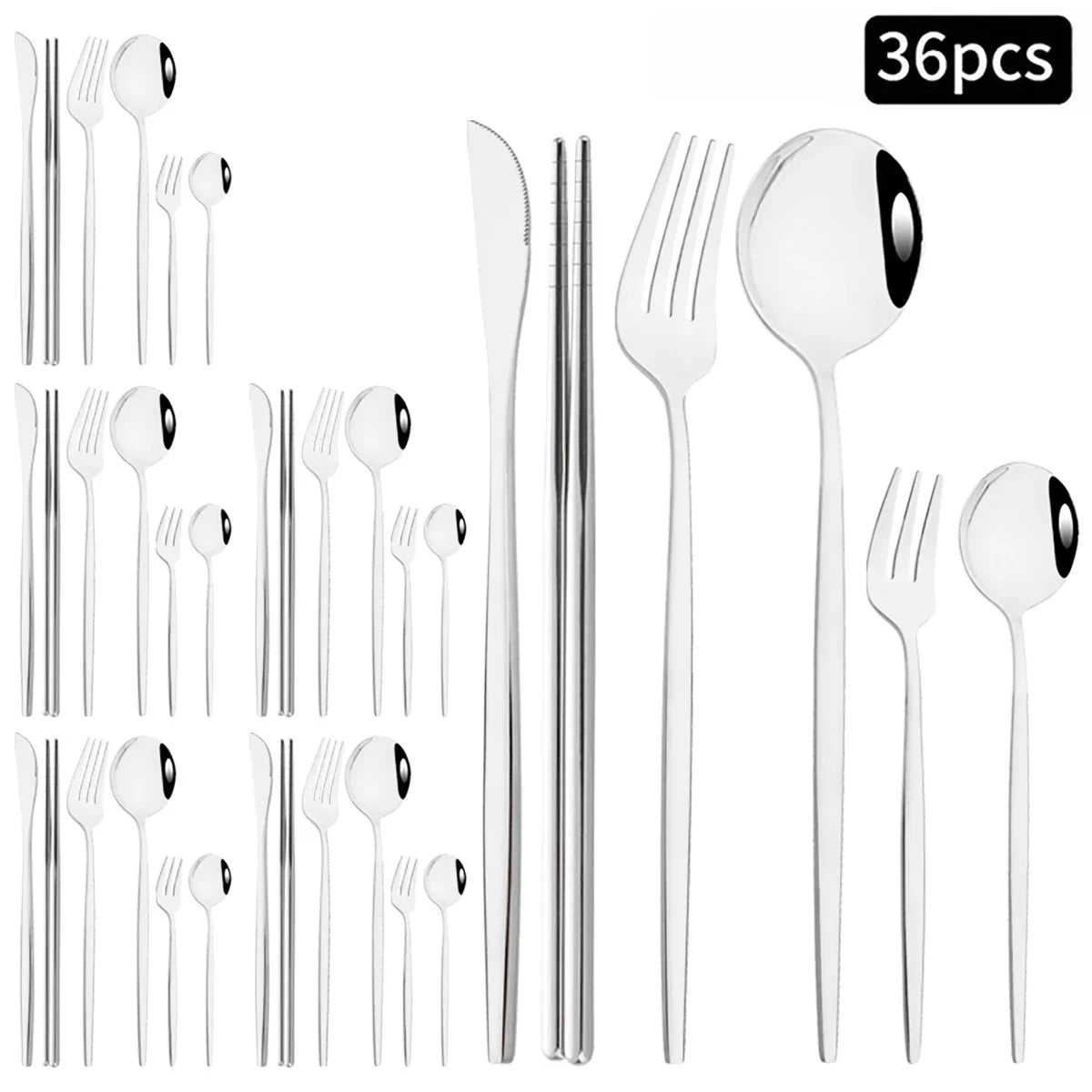 36pcs Black Gold Cutlery Set Knife Fork Spoon Chopsticks Dinnerware Set Stainless Steel Cake Forks Teaspoons Tableware Flatware