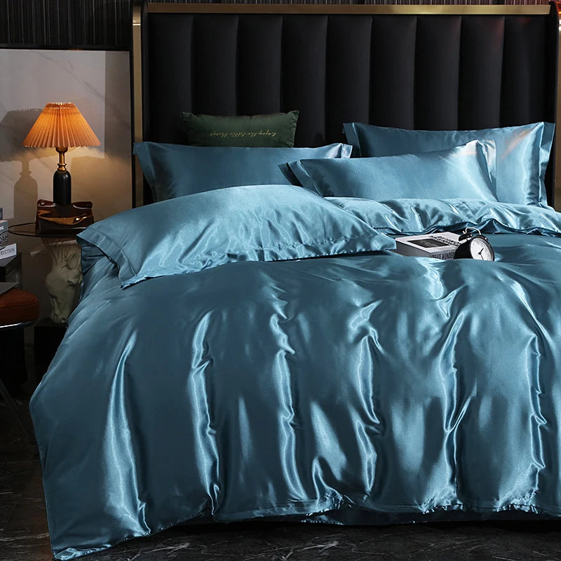 Luxury Satin Bedding Set With Fitted Sheet Duvet Cover High End Bedding Sets High Density Satin Solid Color Bedding