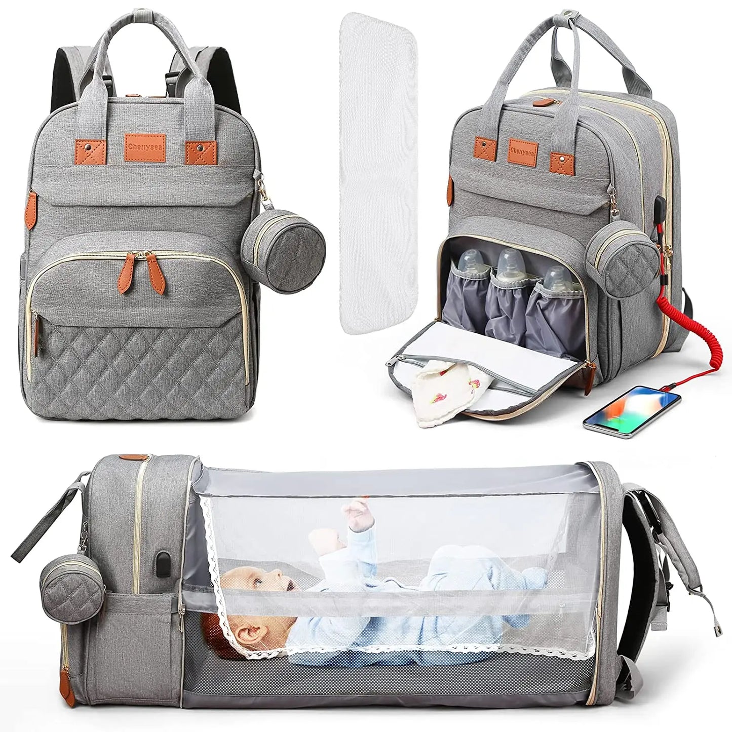 3-in-1 Diaper Bag Backpack – Waterproof Baby Travel Bag with Foldable Baby Bed & USB Charging
