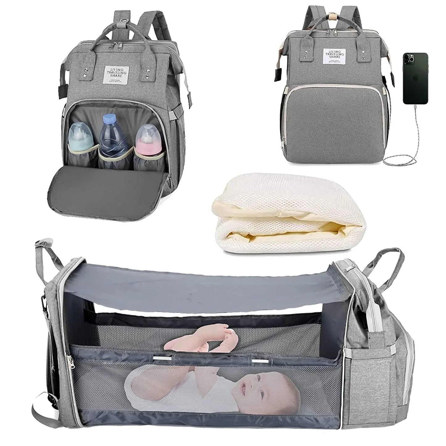 3-in-1 Diaper Bag Backpack – Waterproof Baby Travel Bag with Foldable Baby Bed & USB Charging