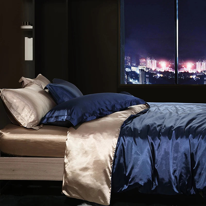 Luxury Satin Bedding Set With Fitted Sheet Duvet Cover High End Bedding Sets High Density Satin Solid Color Bedding