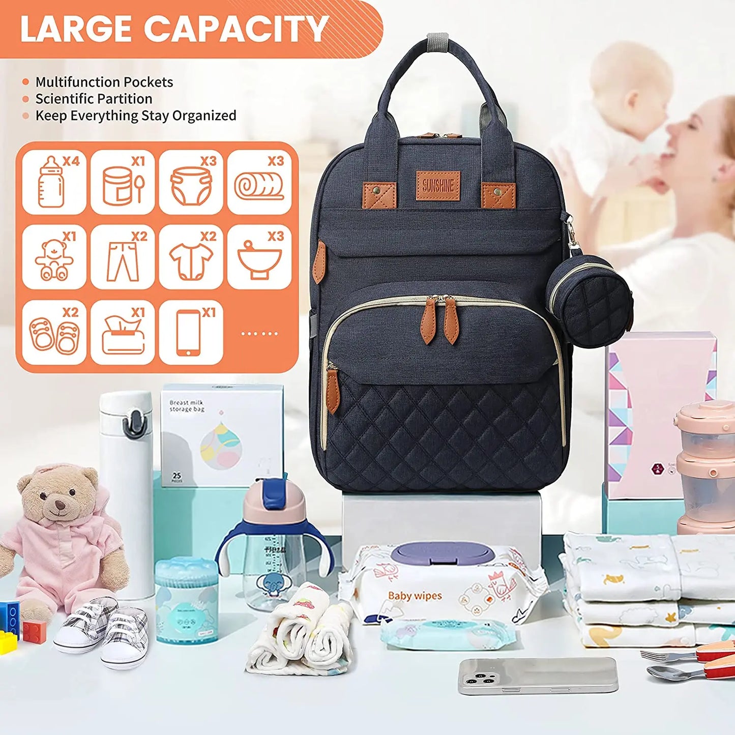 3-in-1 Diaper Bag Backpack – Waterproof Baby Travel Bag with Foldable Baby Bed & USB Charging