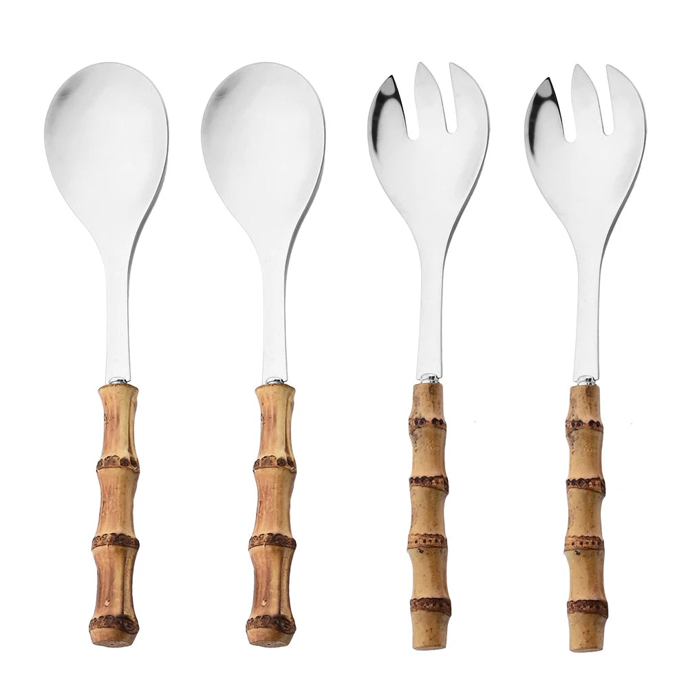 2/4Pcs Long Handle Serving Spoon Fork Bamboo Wooden Handle Salad Spork Kitchen Stainless Steel Tableware Cutlery Silverware Set