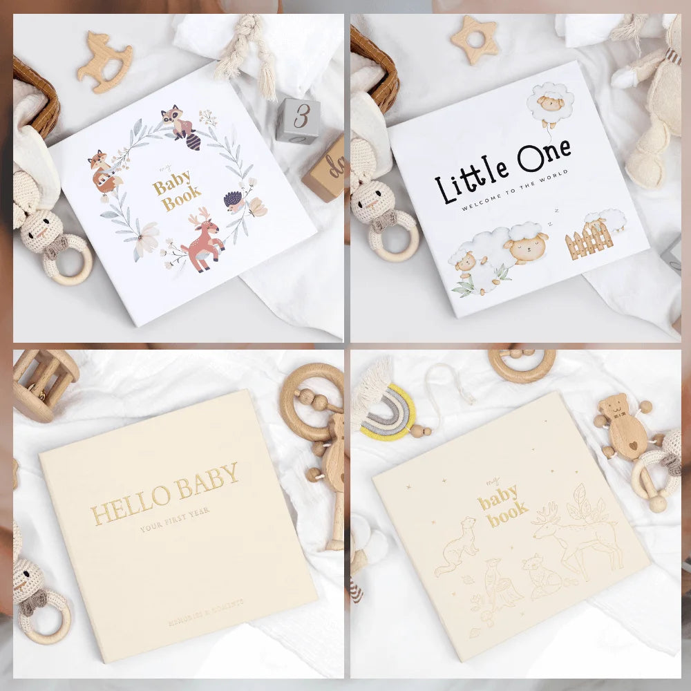 ERATOPIC Linen Fabric Golden Logo Hello Baby Memory Keepsake Book Hidden Spiral Binding Baby Memory Journal For Baby Shower