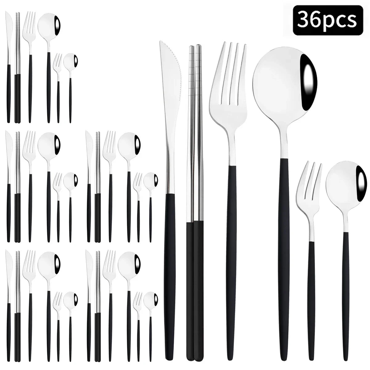 36pcs Black Gold Cutlery Set Knife Fork Spoon Chopsticks Dinnerware Set Stainless Steel Cake Forks Teaspoons Tableware Flatware