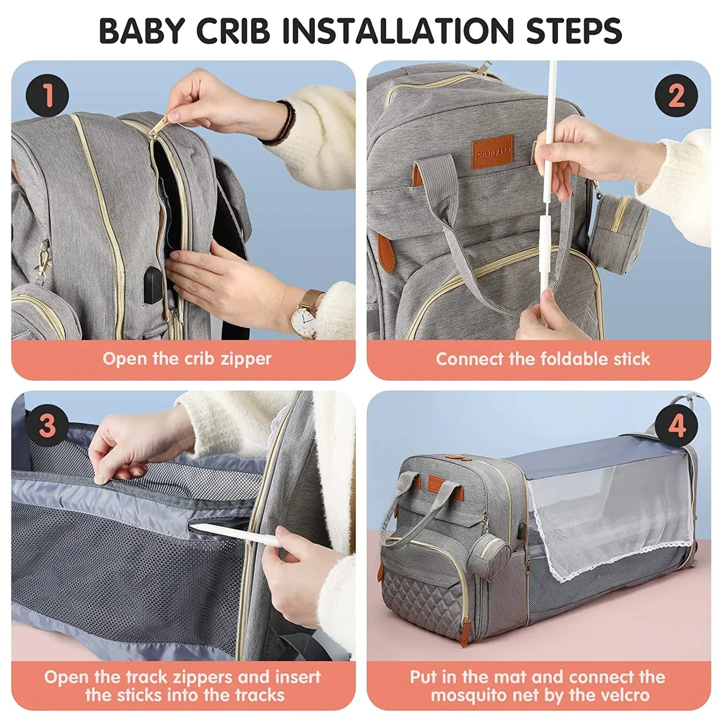 3-in-1 Diaper Bag Backpack – Waterproof Baby Travel Bag with Foldable Baby Bed & USB Charging