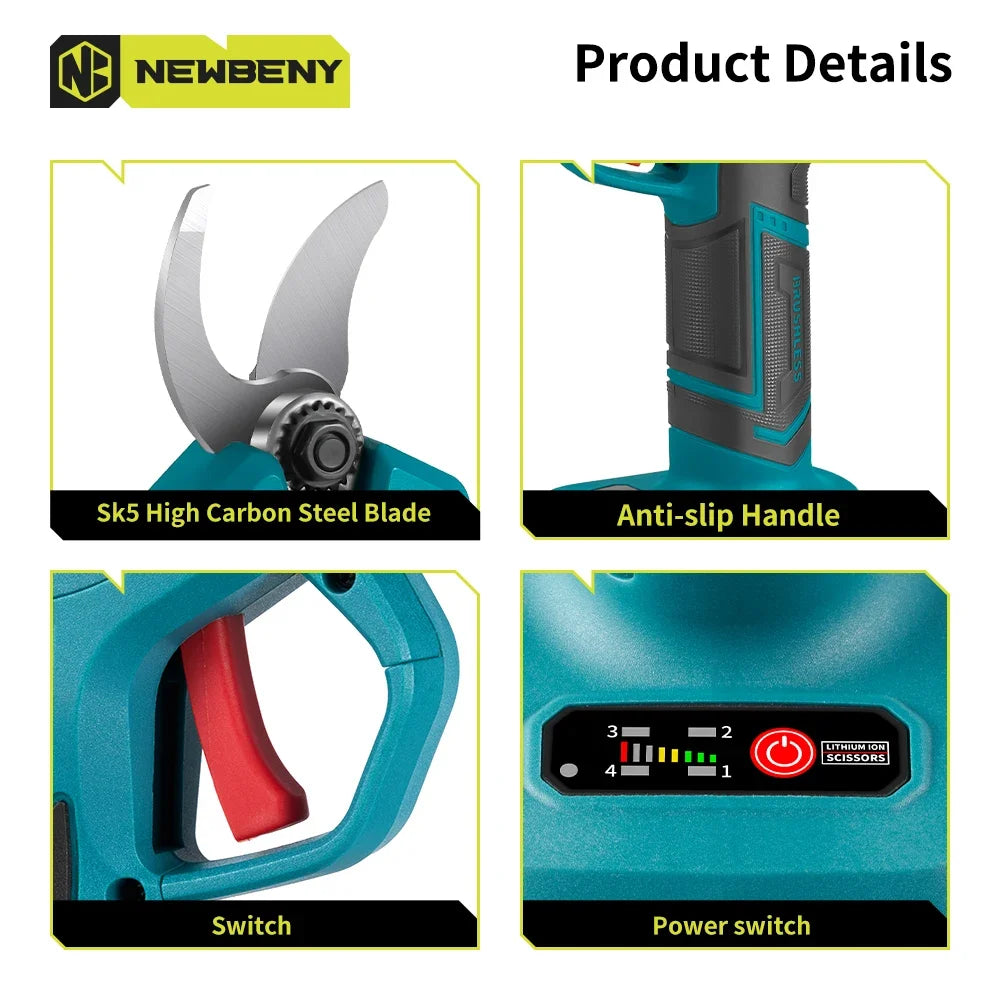 NEWBENY 30mm Brushless Electric Pruning Shears 4 Gear Cordless Garden Fruit Tree Bonsai Beautify Tool For 18V-21V Battery