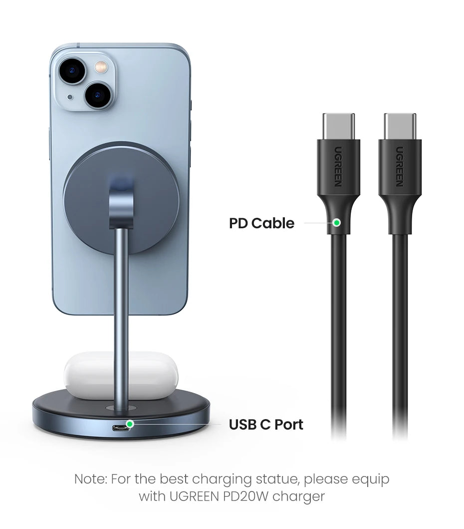 UGREEN Magnetic Wireless Charger Stand 20W Max 2-in-1 Charging Stand For iPhone 15 16 Pro Max/iPhone 14/AirPods Fast Charger
