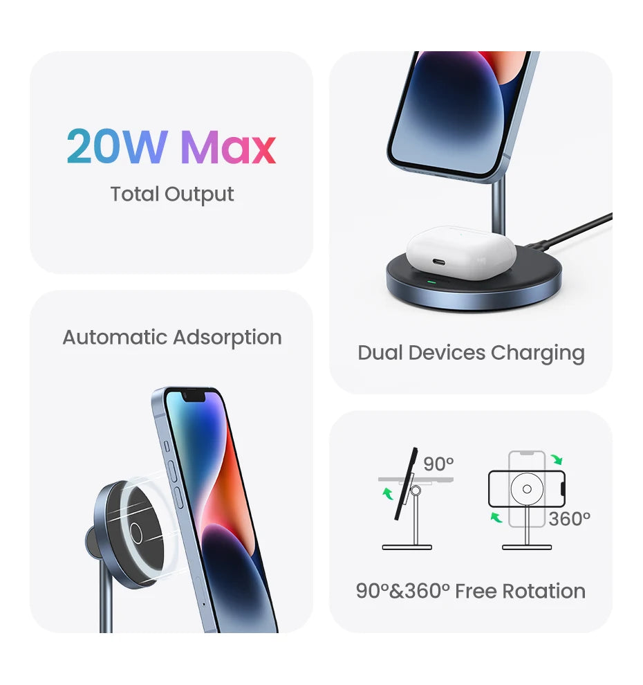UGREEN Magnetic Wireless Charger Stand 20W Max 2-in-1 Charging Stand For iPhone 15 16 Pro Max/iPhone 14/AirPods Fast Charger