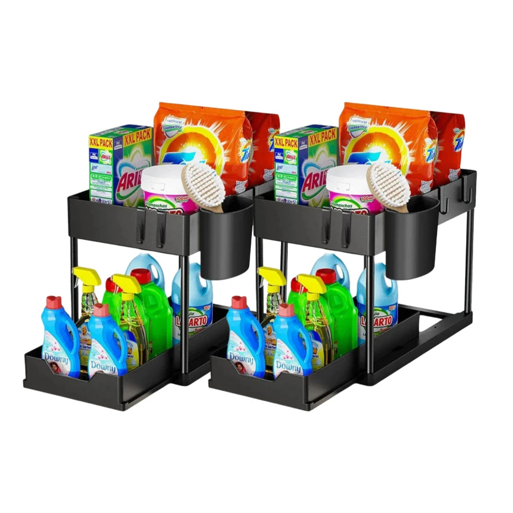 2 Tier Under Sink Organizer Sliding Cabinet Basket Organizer Storage Rack with Hooks Hanging Cup Bathroom Kitchen Organizer