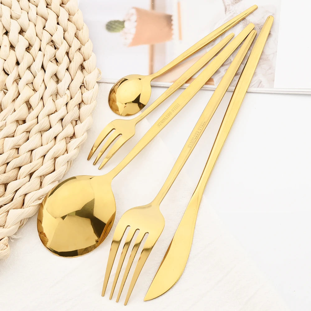 36pcs Black Gold Cutlery Set Knife Fork Spoon Chopsticks Dinnerware Set Stainless Steel Cake Forks Teaspoons Tableware Flatware