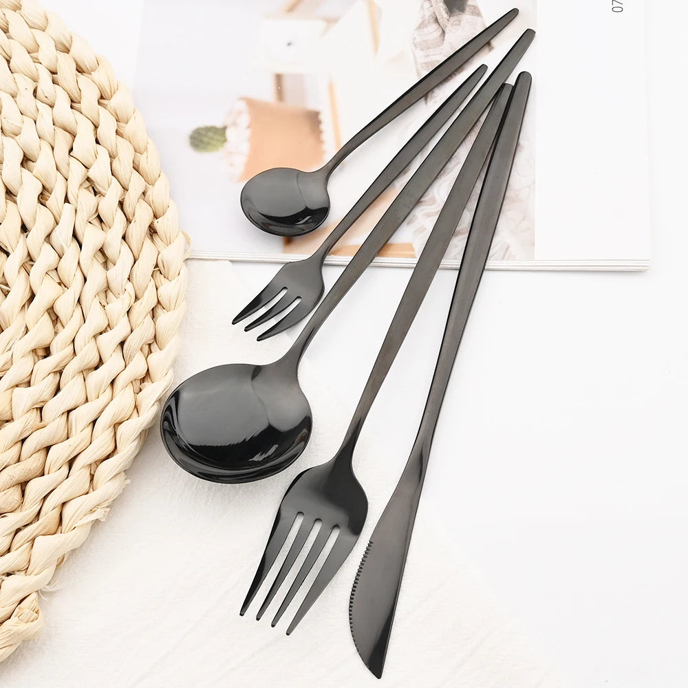 36pcs Black Gold Cutlery Set Knife Fork Spoon Chopsticks Dinnerware Set Stainless Steel Cake Forks Teaspoons Tableware Flatware