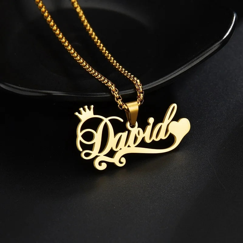 Royal Elegance: Custom Stainless Steel Name Necklace with Crown Pendant & Thick Chain