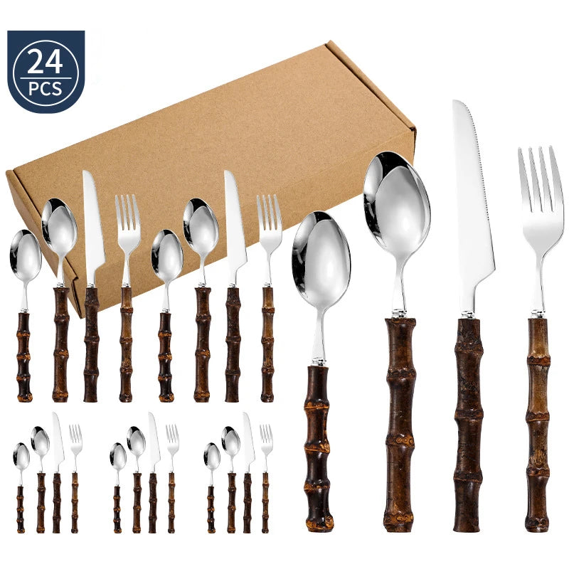 Black Nature Bamboo Dinnerware Sets Stainless Steel Upscale Cutlery Fork Spoon Home Kitchen Tableware Gold and Silver