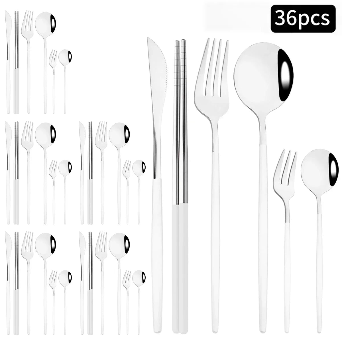 36pcs Black Gold Cutlery Set Knife Fork Spoon Chopsticks Dinnerware Set Stainless Steel Cake Forks Teaspoons Tableware Flatware