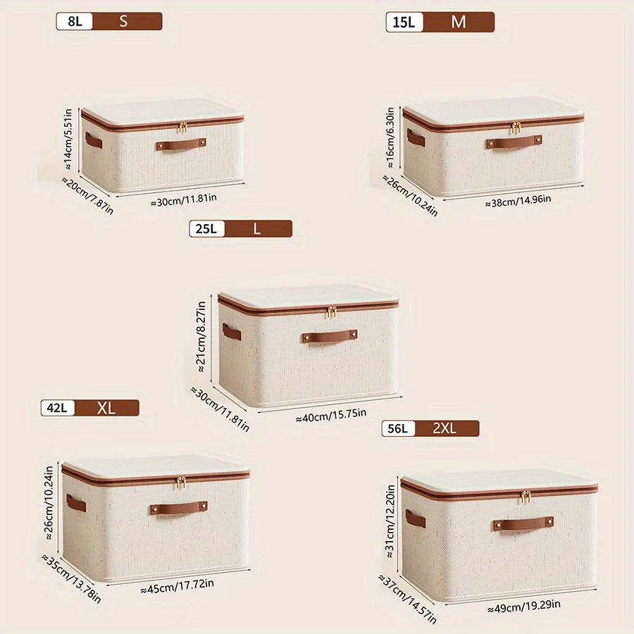Linen Zipper Storage Boxes, Non-Woven Fabric Clothing Organizer Bins for Home Bedroom Closet Organization,Include Good Helpers