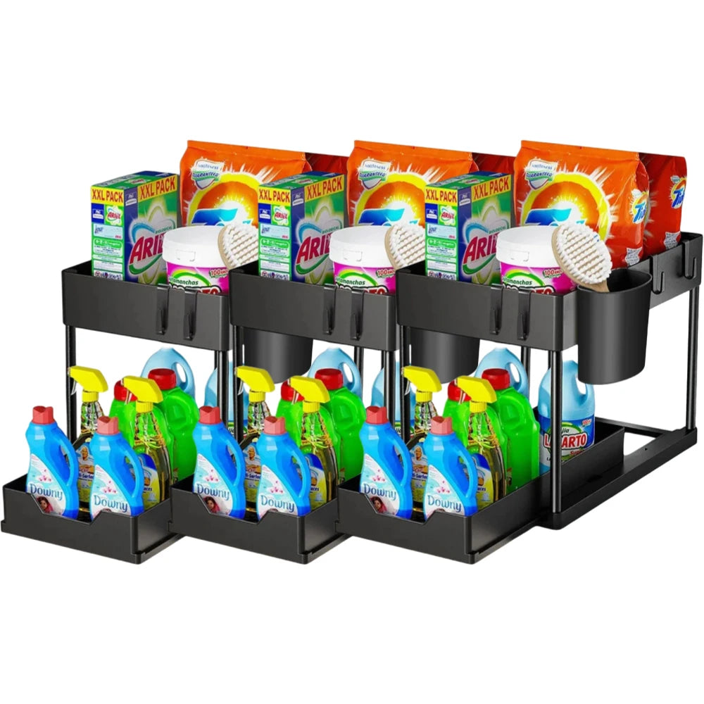 2 Tier Under Sink Organizer Sliding Cabinet Basket Organizer Storage Rack with Hooks Hanging Cup Bathroom Kitchen Organizer