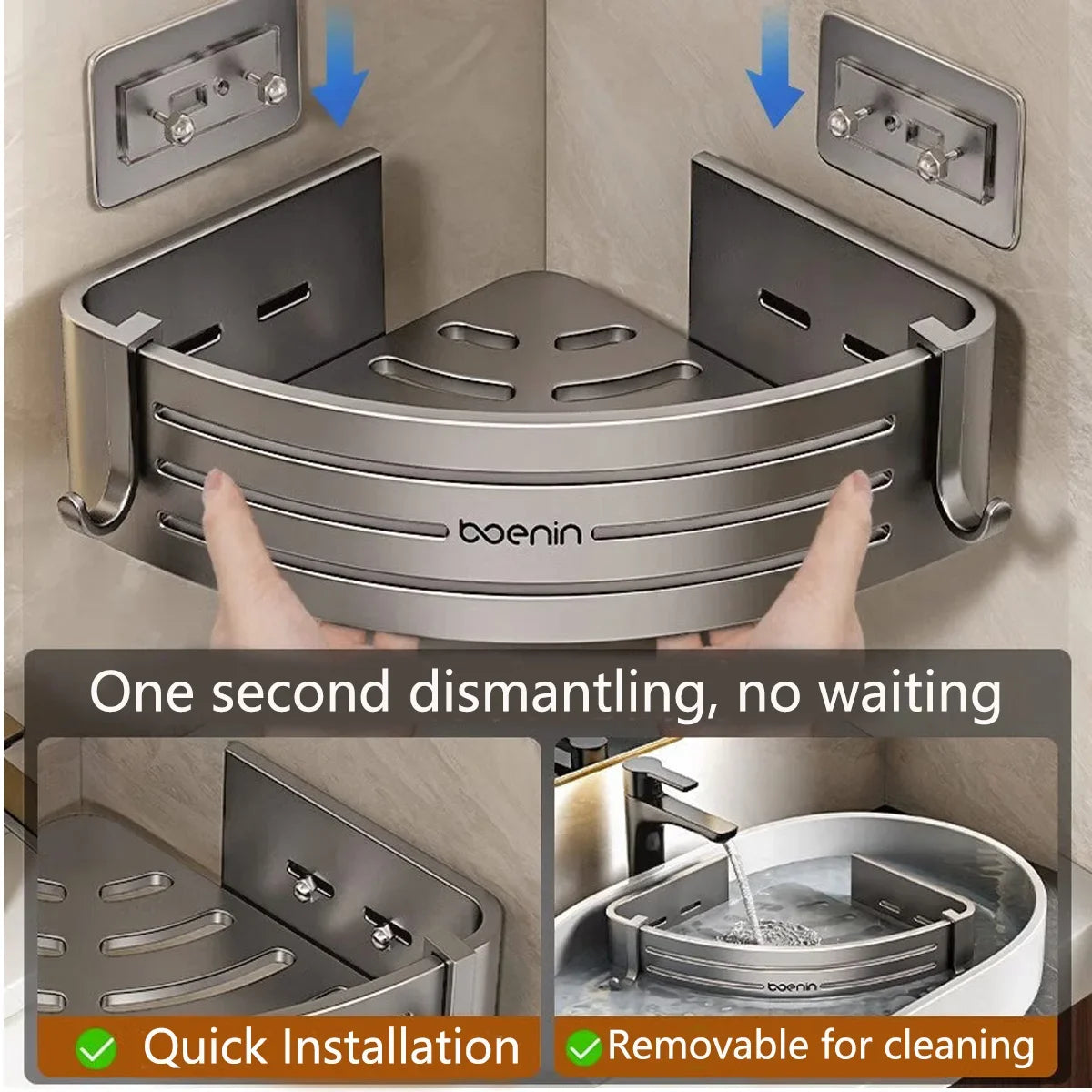 1-2PCS Shower Corner Shelf with Towel Bar Hook Space Aluminum Bathroom Shelf Without Drilling Shampoo Holder Bathroom Accessorie