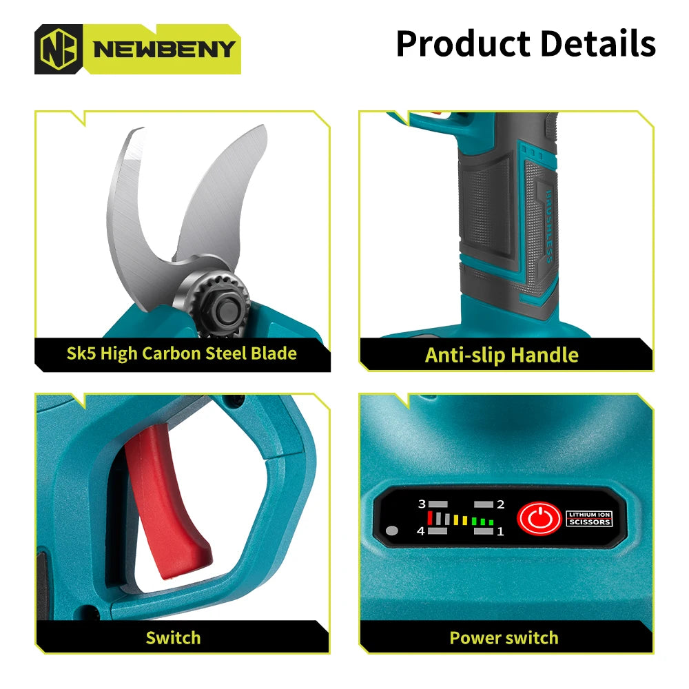 NEWBENY 30mm Brushless Electric Pruning Shears 4 Gear Cordless Garden Fruit Tree Bonsai Beautify Tool For 18V-21V Battery