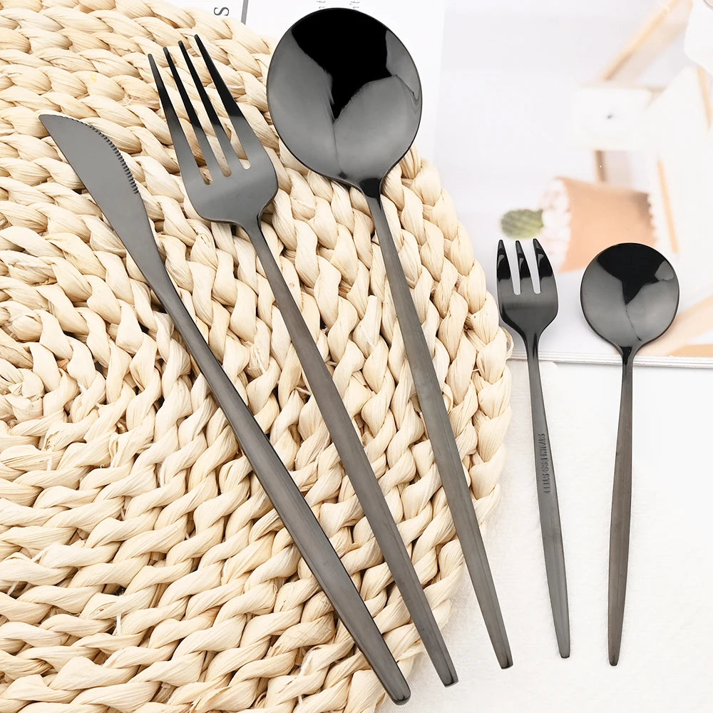 36pcs Black Gold Cutlery Set Knife Fork Spoon Chopsticks Dinnerware Set Stainless Steel Cake Forks Teaspoons Tableware Flatware