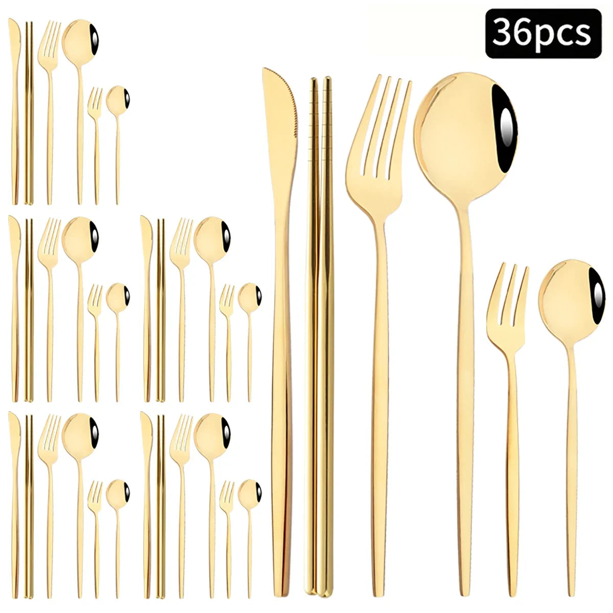 36pcs Black Gold Cutlery Set Knife Fork Spoon Chopsticks Dinnerware Set Stainless Steel Cake Forks Teaspoons Tableware Flatware