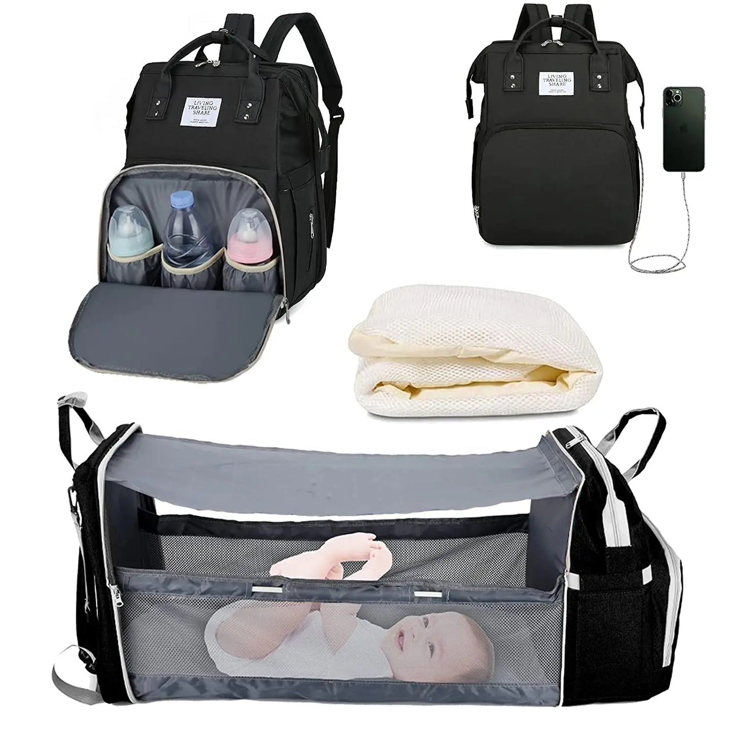 3-in-1 Diaper Bag Backpack – Waterproof Baby Travel Bag with Foldable Baby Bed & USB Charging