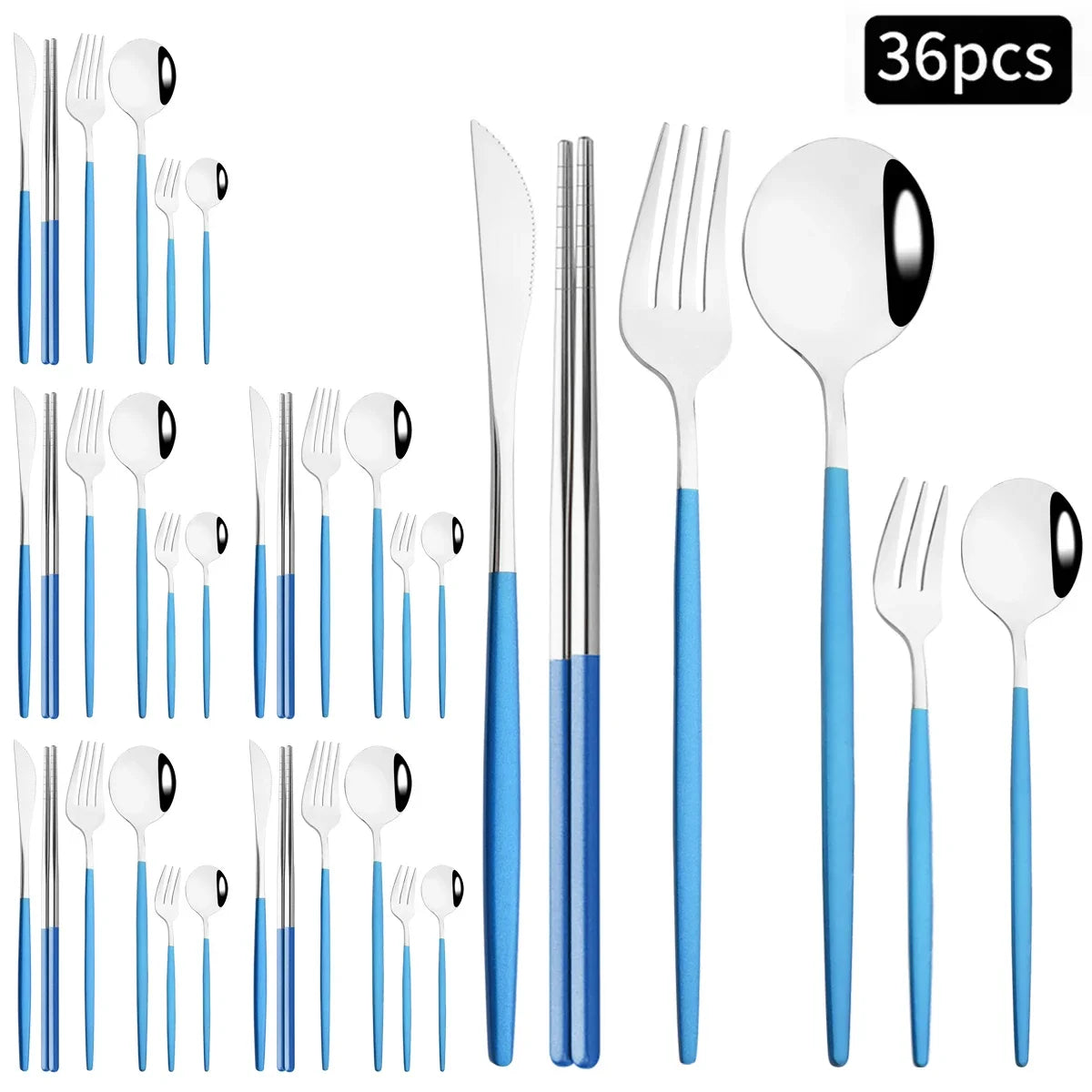 36pcs Black Gold Cutlery Set Knife Fork Spoon Chopsticks Dinnerware Set Stainless Steel Cake Forks Teaspoons Tableware Flatware