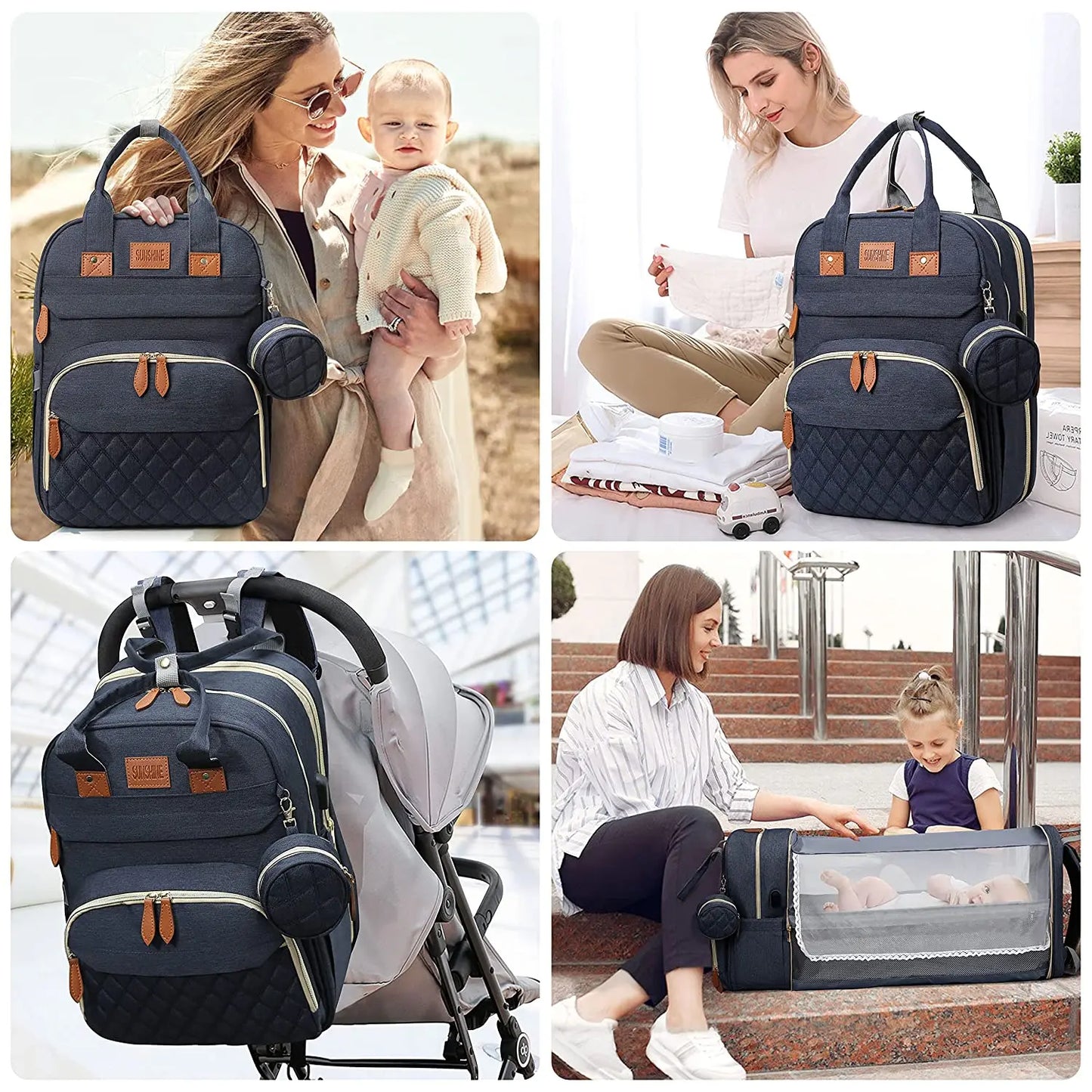 3-in-1 Diaper Bag Backpack – Waterproof Baby Travel Bag with Foldable Baby Bed & USB Charging