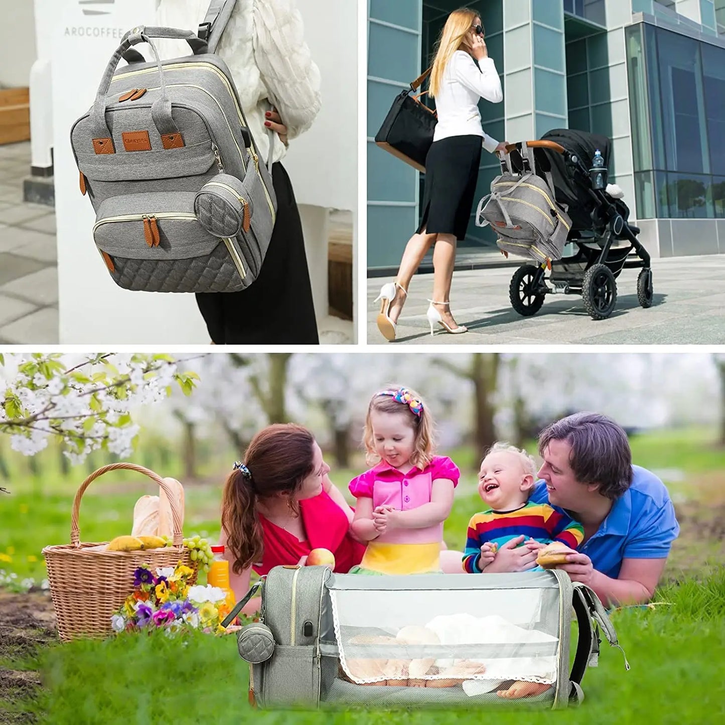 3-in-1 Diaper Bag Backpack – Waterproof Baby Travel Bag with Foldable Baby Bed & USB Charging