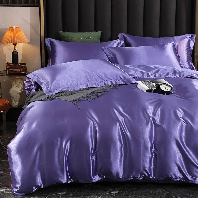 Luxury Satin Bedding Set With Fitted Sheet Duvet Cover High End Bedding Sets High Density Satin Solid Color Bedding
