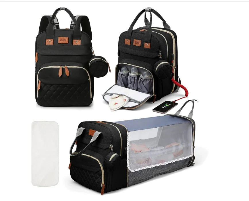 3-in-1 Diaper Bag Backpack – Waterproof Baby Travel Bag with Foldable Baby Bed & USB Charging