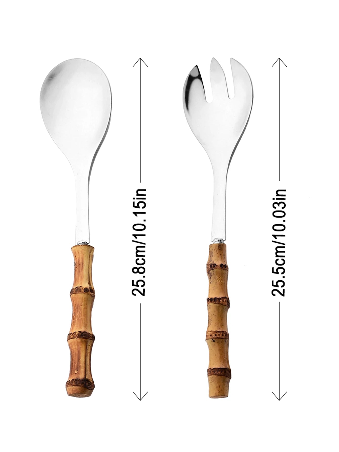 2/4Pcs Long Handle Serving Spoon Fork Bamboo Wooden Handle Salad Spork Kitchen Stainless Steel Tableware Cutlery Silverware Set