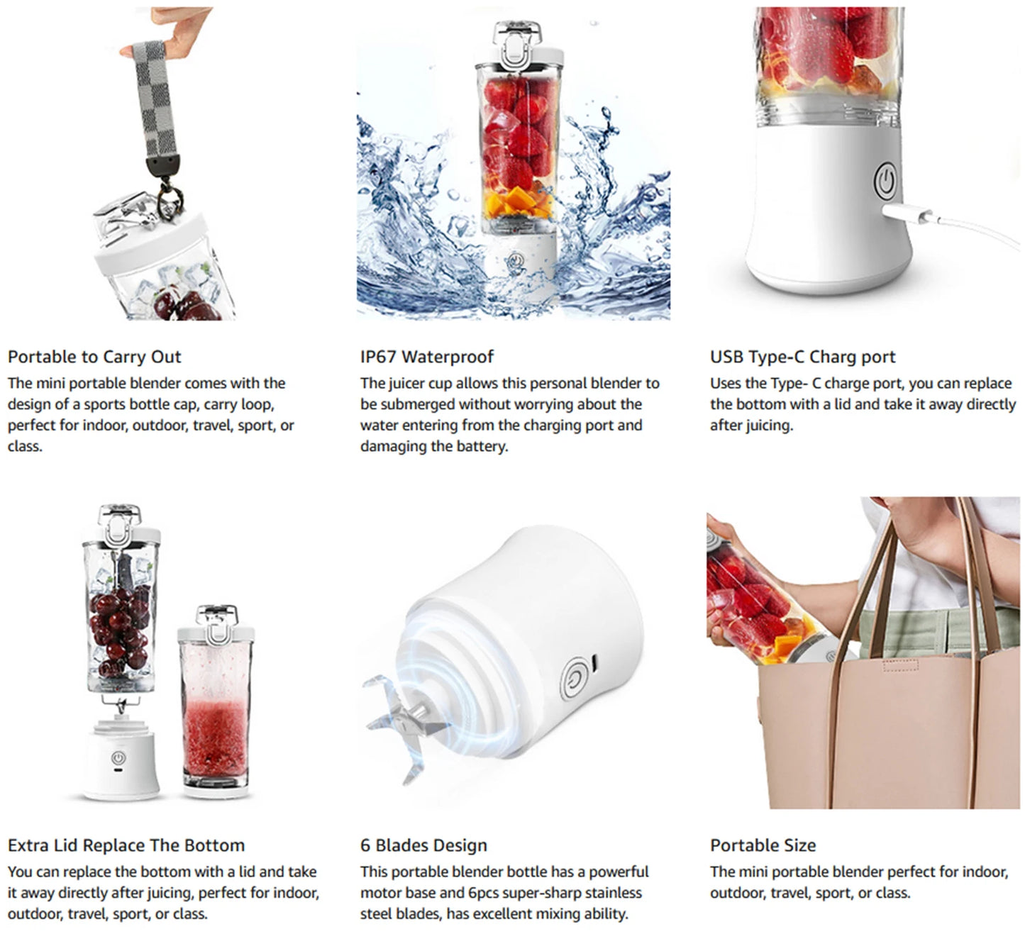 New Portable Blender 600ML Electric Juicer Fruit Mixers 4000mAh USB Rechargeable Smoothie Mini Blender Personal Juicer colorf