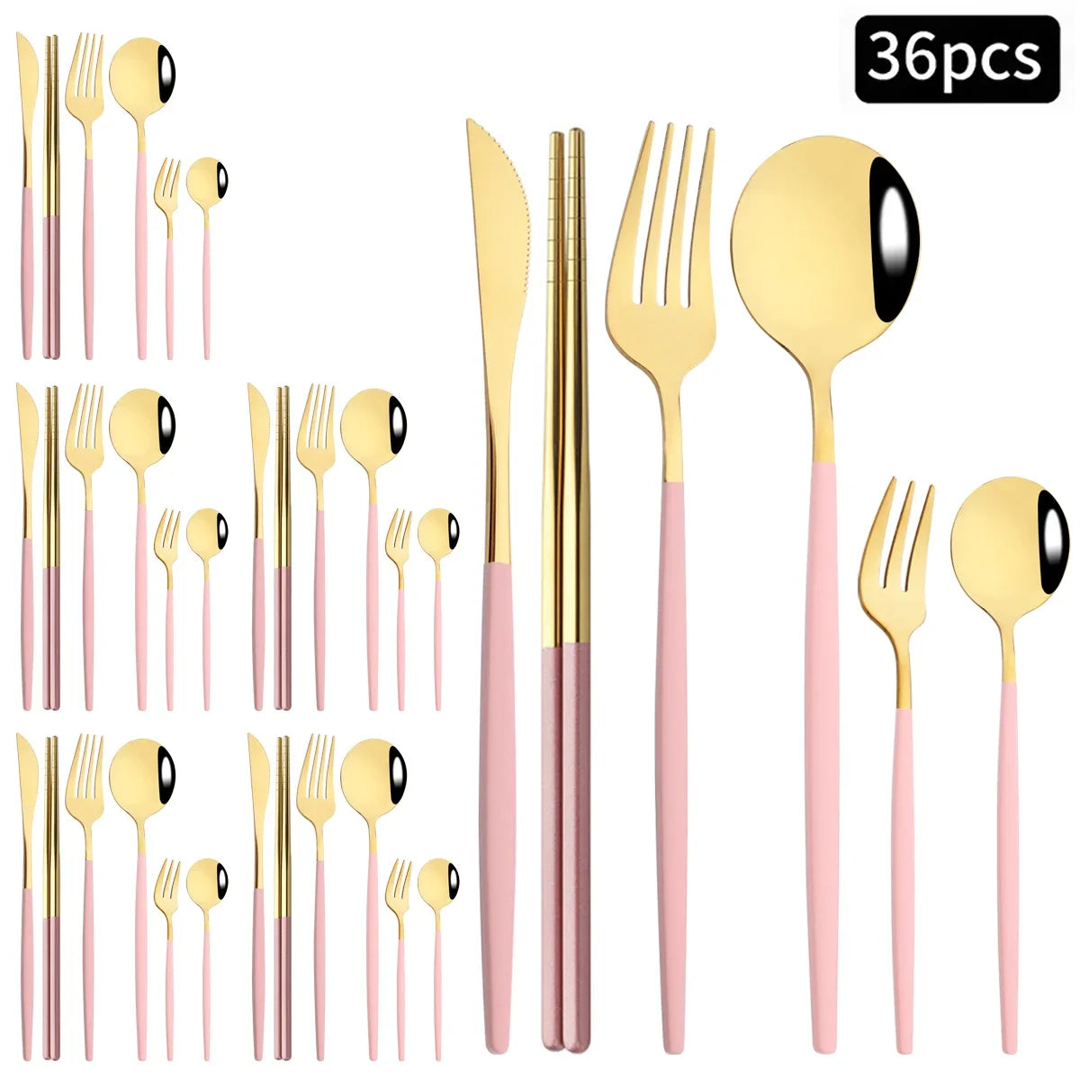 36pcs Black Gold Cutlery Set Knife Fork Spoon Chopsticks Dinnerware Set Stainless Steel Cake Forks Teaspoons Tableware Flatware