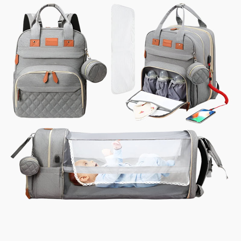 3-in-1 Diaper Bag Backpack – Waterproof Baby Travel Bag with Foldable Baby Bed & USB Charging
