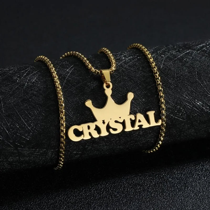 Royal Elegance: Custom Stainless Steel Name Necklace with Crown Pendant & Thick Chain