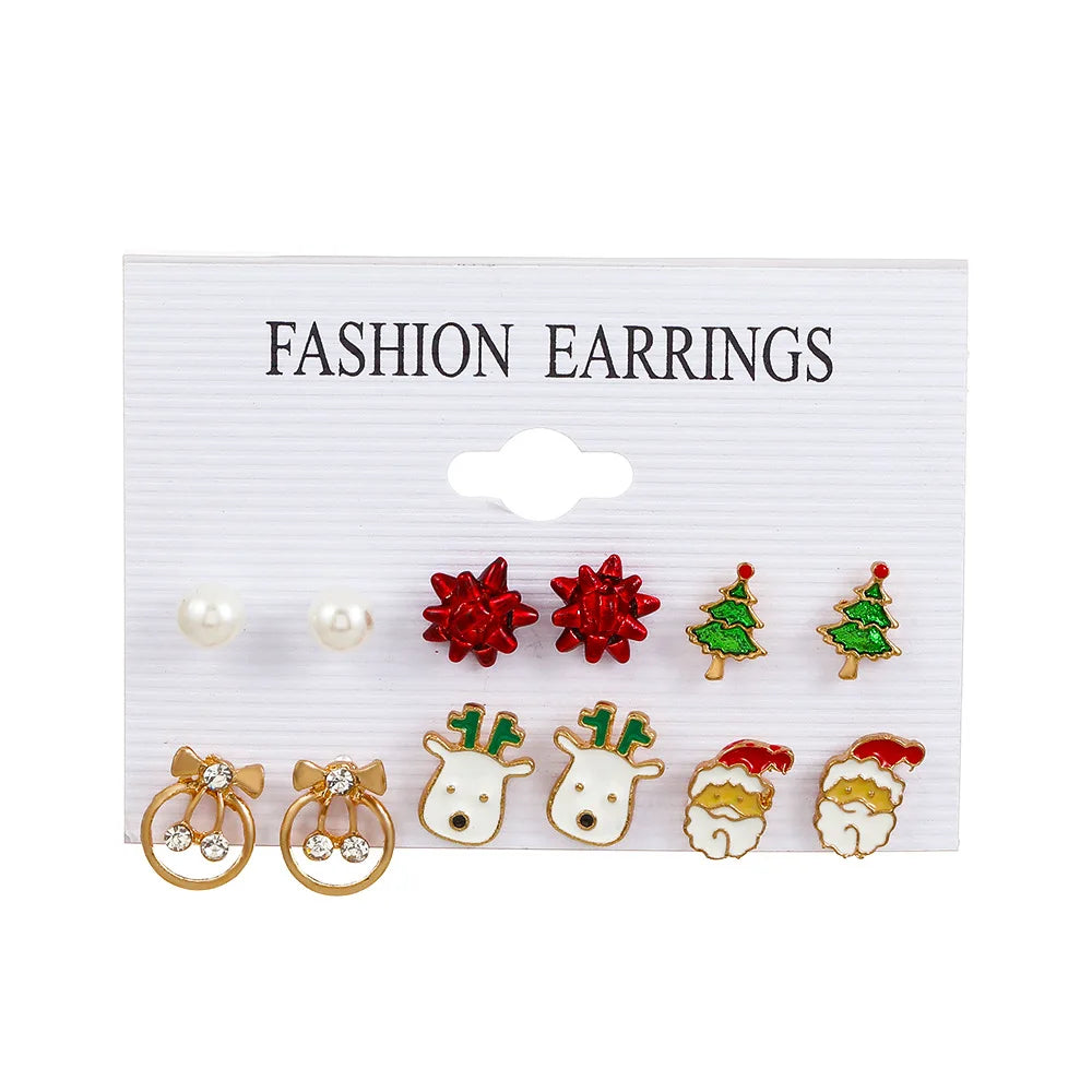 6 Pairs Christmas Earrings Xmas Tree Elk Snowman Santa Claus Cute Ear Stud Dangle Earrings Christmas Gifts For Women Girls Kids