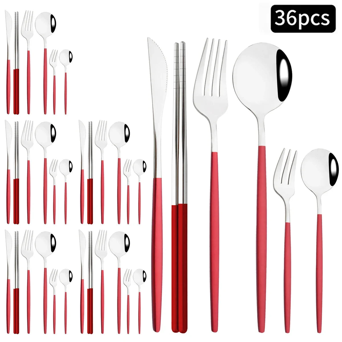 36pcs Black Gold Cutlery Set Knife Fork Spoon Chopsticks Dinnerware Set Stainless Steel Cake Forks Teaspoons Tableware Flatware