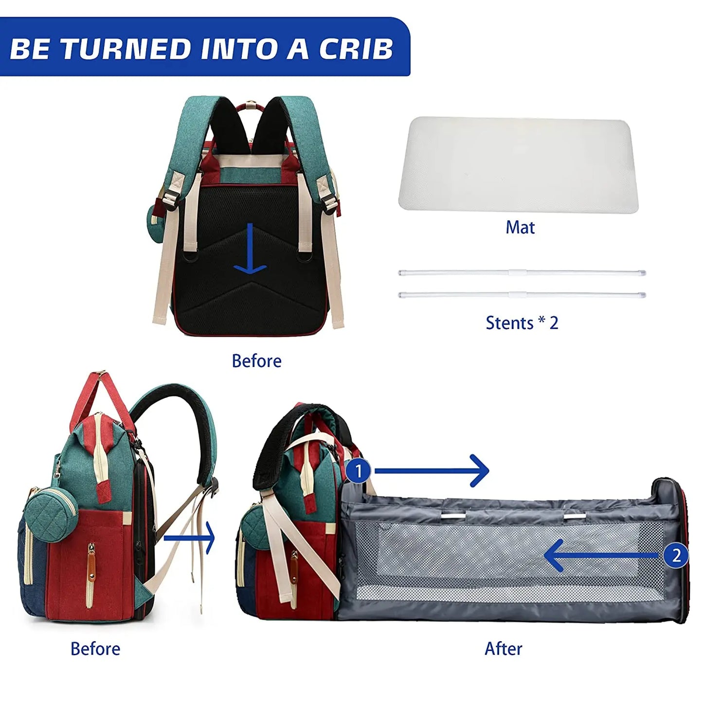 3-in-1 Diaper Bag Backpack – Waterproof Baby Travel Bag with Foldable Baby Bed & USB Charging