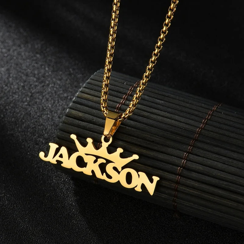 Royal Elegance: Custom Stainless Steel Name Necklace with Crown Pendant & Thick Chain