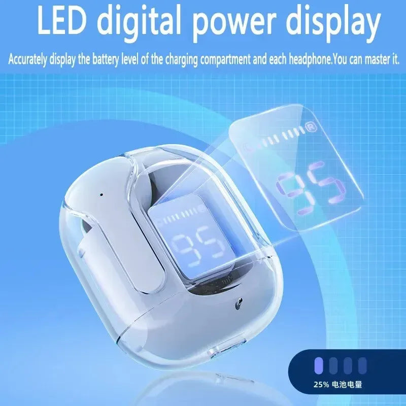 T2 Transparent Bluetooth Earbuds – HiFi Sound with LED Power Display