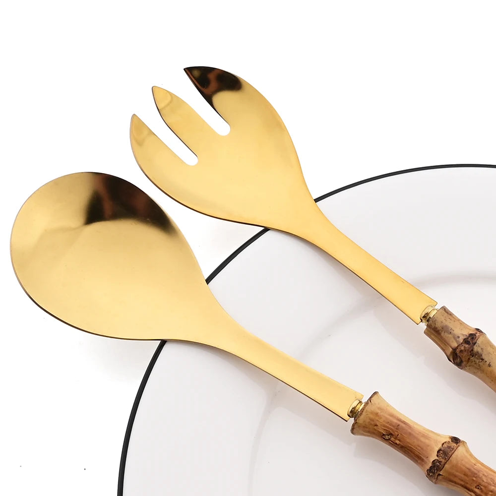 2/4Pcs Long Handle Serving Spoon Fork Bamboo Wooden Handle Salad Spork Kitchen Stainless Steel Tableware Cutlery Silverware Set