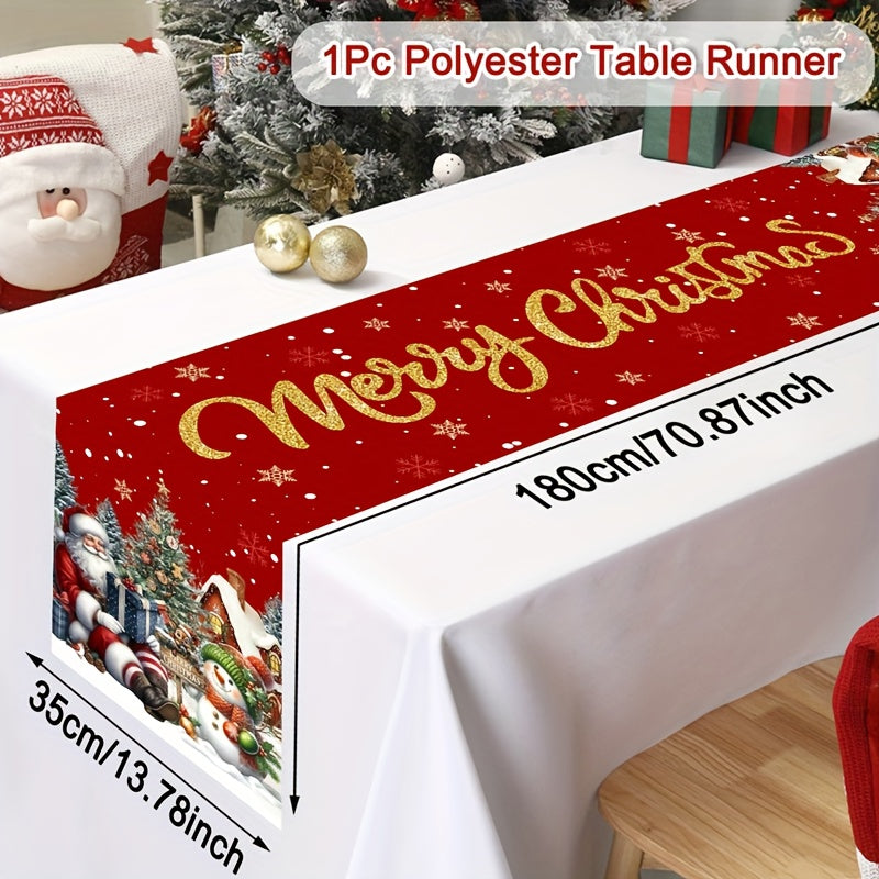 1pc Extra Long Christmas Table Runner - Large 180x35cm (70x14in) Red & Golden Holiday Table Decor with Santa, Snowman, Xmas Tree - Durable Polyester Table Cover for Christmas, New Year's, Parties - Easy-Clean Kitchen, Dining,