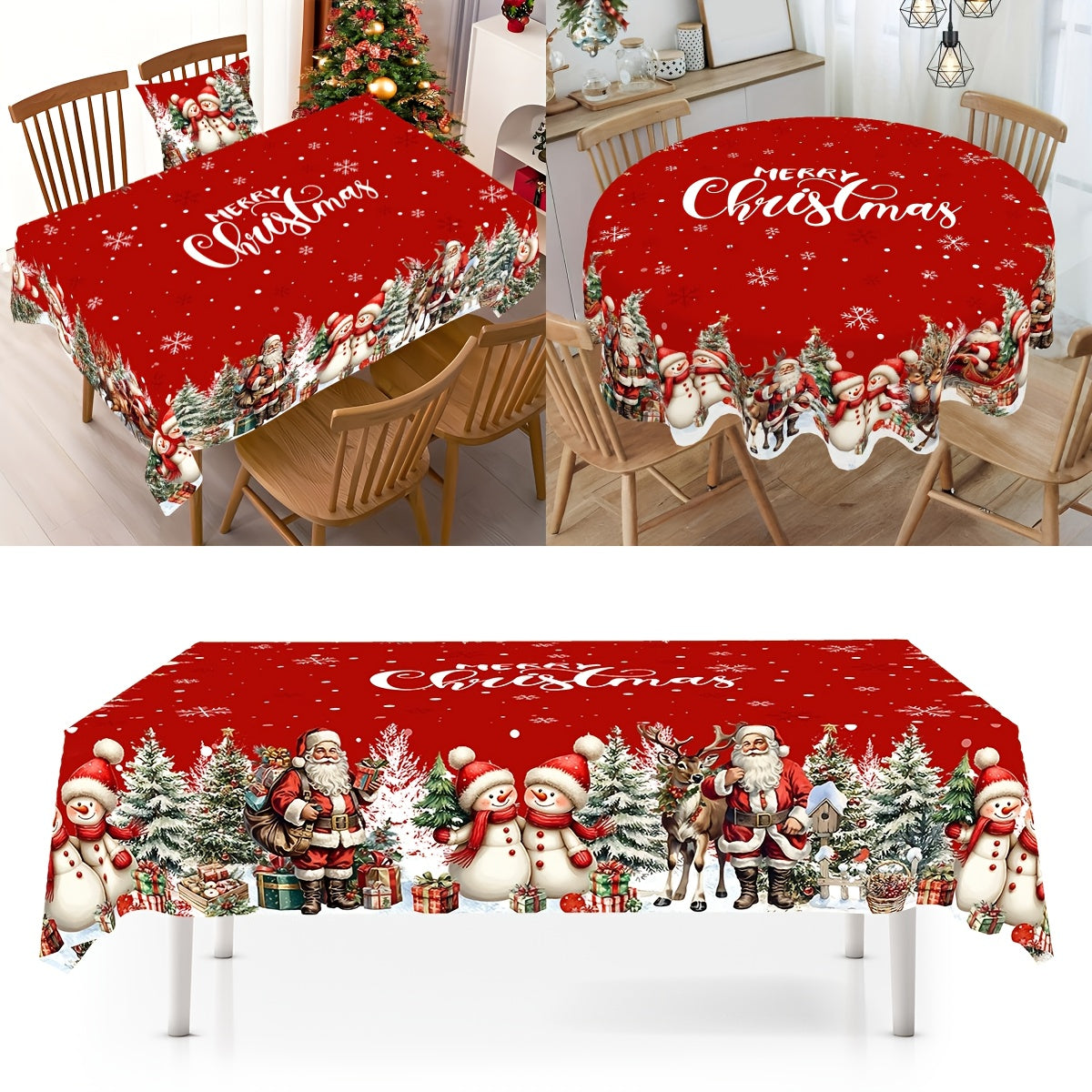 1pc Santa Claus Merry Christmas Tablecover Vinatge Snowman Rectangle/Round Tablecloth Christmas Decorations for Home 2025 Family Celebrations & Holidays Indoor&Outdoor Party Decorations Winter Holiday Neol Decor Festive Table