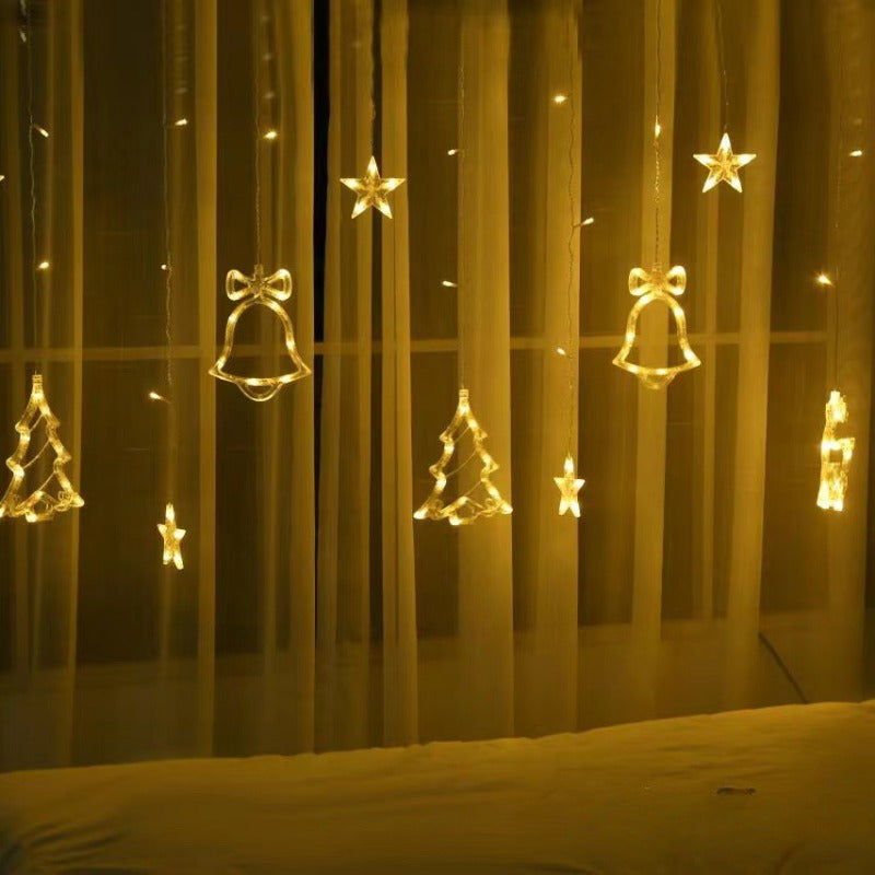 LED 11.5ft USB Powered Curtain Light Christmas Tree, Reindeer, Bells Curtain Lights for Christmas Wedding Party Bedroom Decoration, Warm White